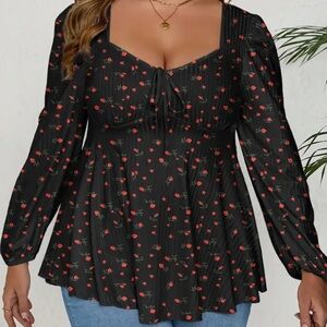 2X Black lace and pink rose flared top